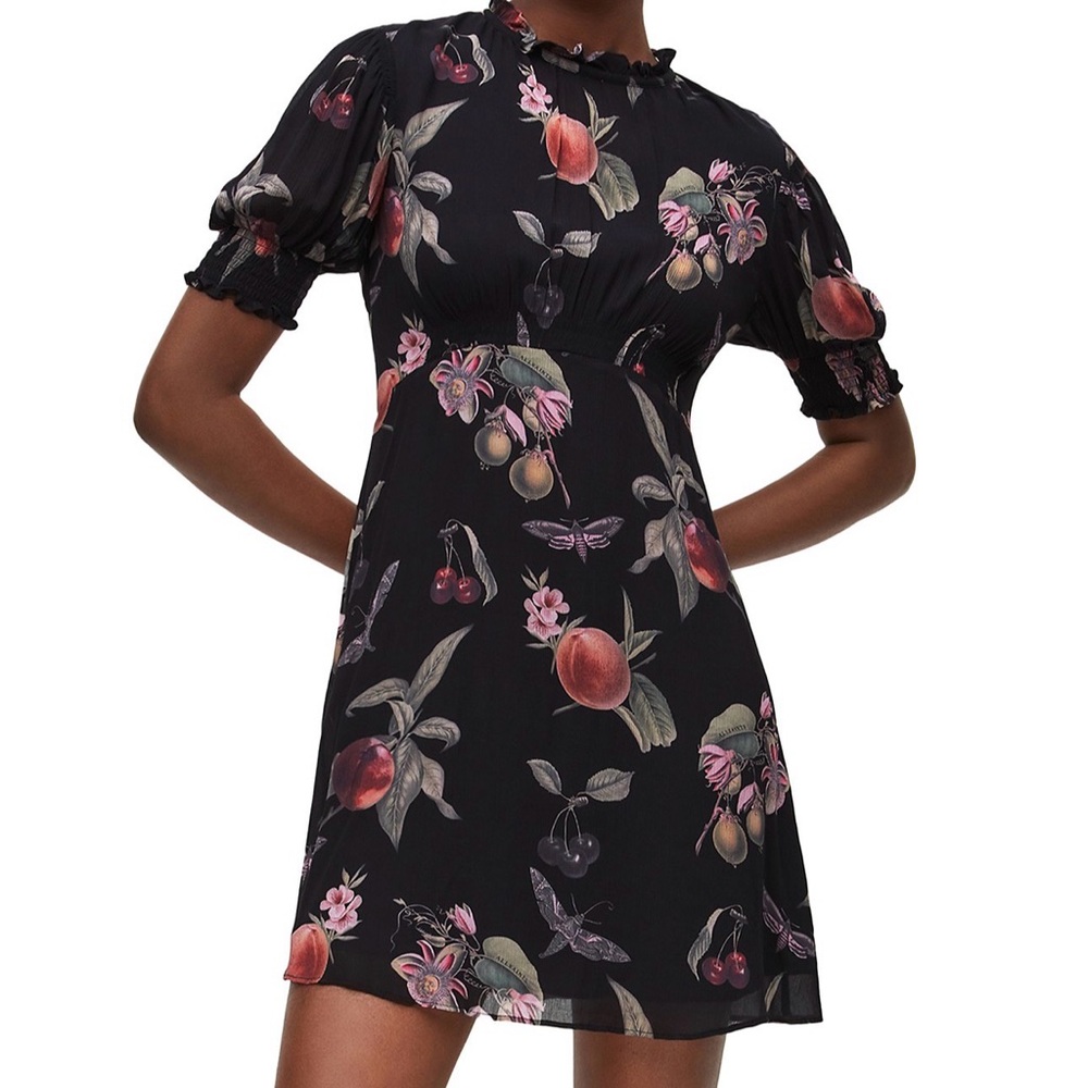 AllSaints Black Mini Dress with Peach & Cherry Print